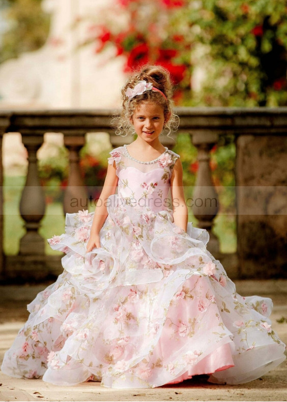 Beaded Neck Pink Printed Organza 3D Floral Romantic Flower Girl Dress Beaded Neck Pink Printed Organza 3D Floral Romantic Flower Girl Dress